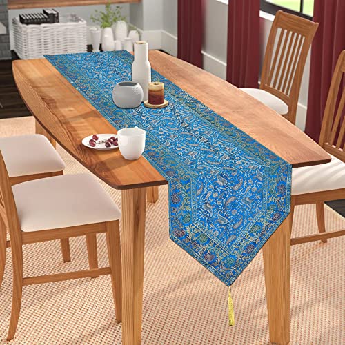 Image of E-EZRA Room Decor Banarasi Silk Handmade Flower V Shape Table Runner Dinning & Centre Table Long Runner Bed Runner Gold Tassels End Size 14 X 80 inches (Turquoise)