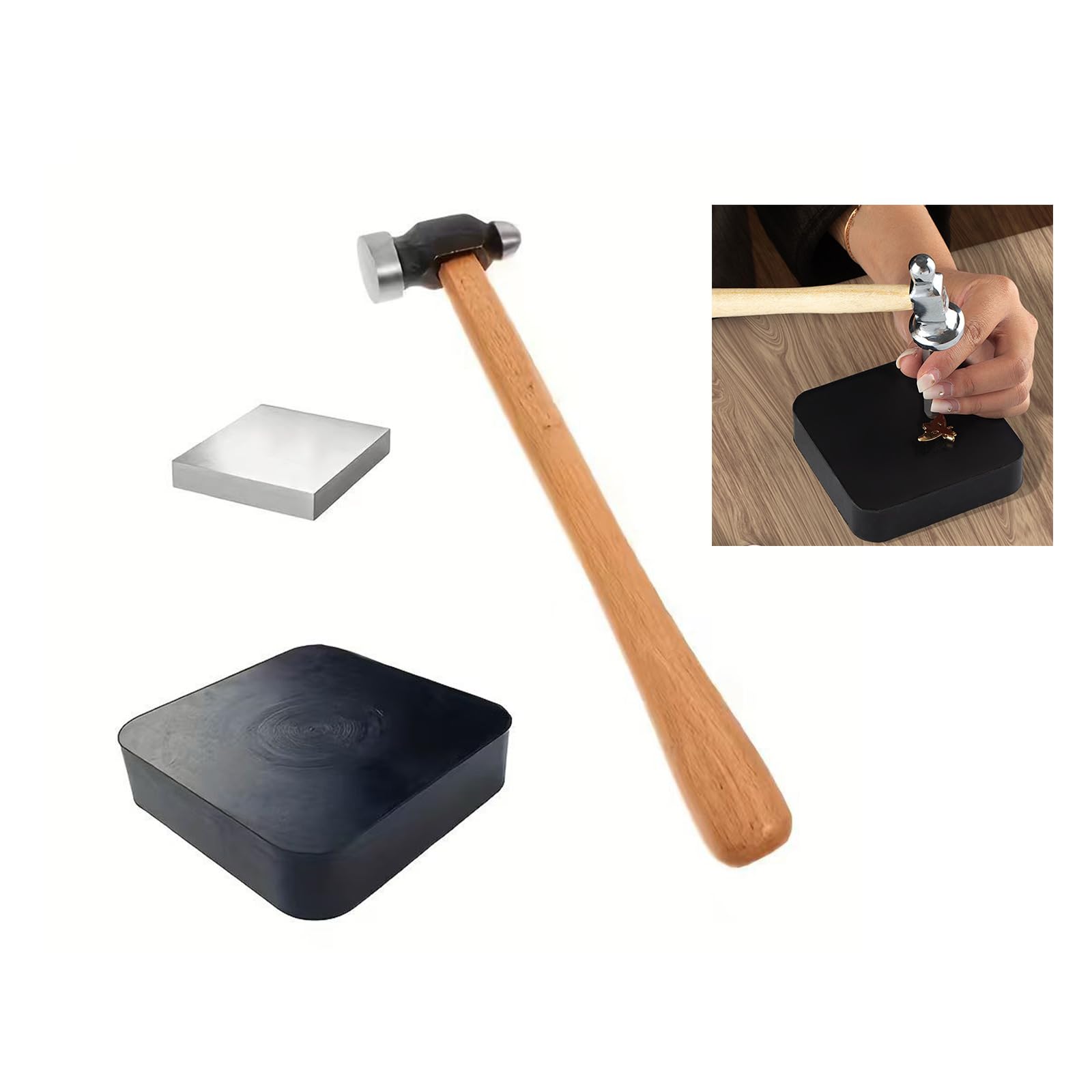 3-teiliges multifunktionales Schmuck Bastelwerkzeug mit Silikonmatte, Holzbasis und Eisenhämmern für Modebegeisterte Eisen Schmuckhammer