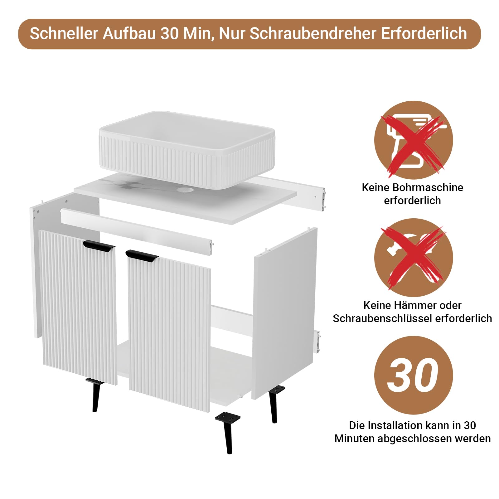 Badmöbel Set Waschbecken mit Unterschrank 75 cm Breit, Freistehend Waschtisch mit Unterschrank, Gäste-WC & Bad, Soft Close Türen, Wellen-Design, Marmorierte Waschtischplatte, Keramikwaschbecken