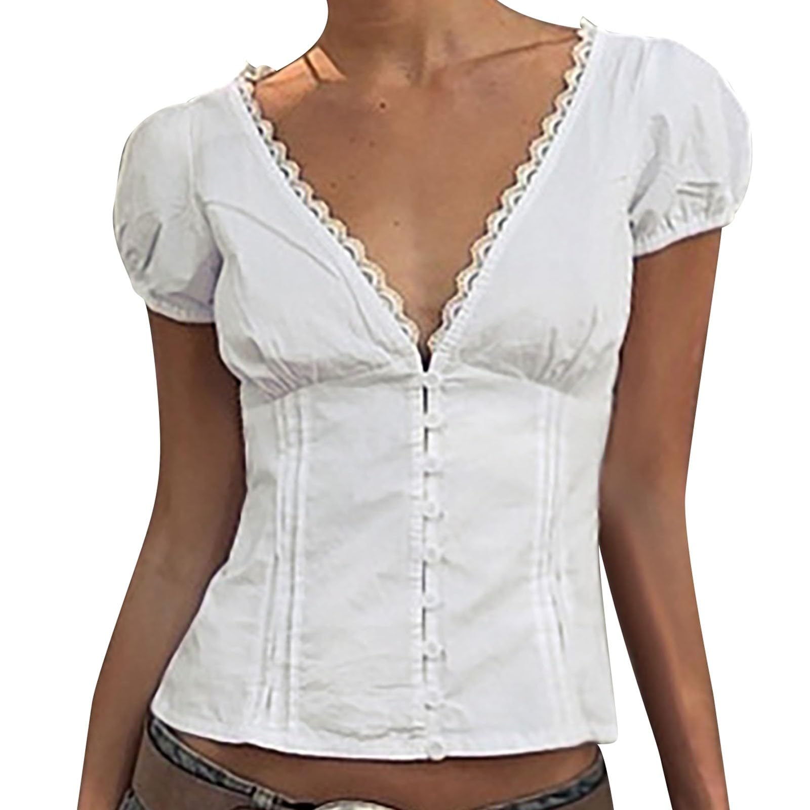Generisch Weißes Hemd aus französischer Spitze für Damen, Design-Feeling, Knopfleiste, Spitzenfalten, schmale Passform, tiefer V-Ausschnitt, kurzärmeliges Oberteil