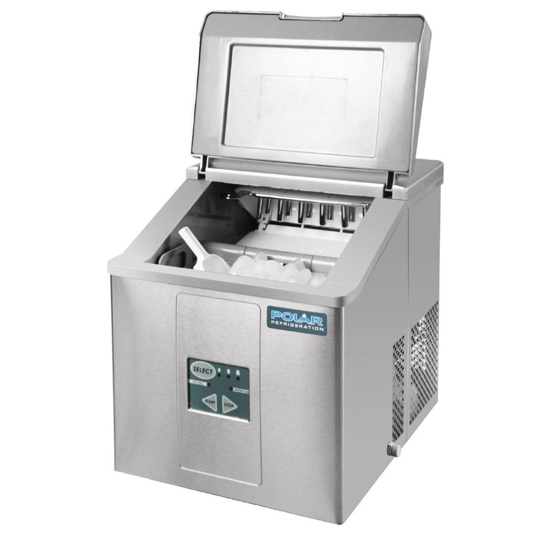 Polar Refrigeration C-Series Machine à glaçons à remplissage manuel 110 W, acier inoxydable, puissance 17 kg, stockage 2 kg / 120 cubes, 12 glaçons toutes les 10 minutes, pelle incluse, G620