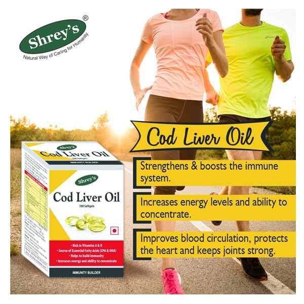 Image of Shrey's Cod Liver Oil | Vitamins A & D | Boost Immunity | Increase Energy Level | Supports Healthy Heart | Maintain Healthy Brain and Vision Health - 100 Capsules (Immunity Booster) (Pack of 1)