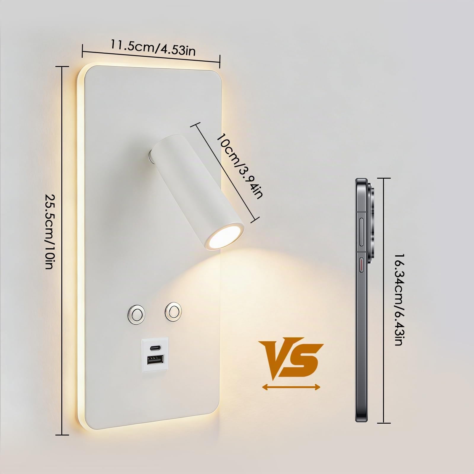 2Pcs Liseuse Applique Murale LED avec Interrupteur, Port USB et Type C, Liseuse de Chevet Dimmable en continu, 3W+9W 3000K Moderne Li-seuse Murale Chambre pour Chambre Salon Hôtel Lire(D)
