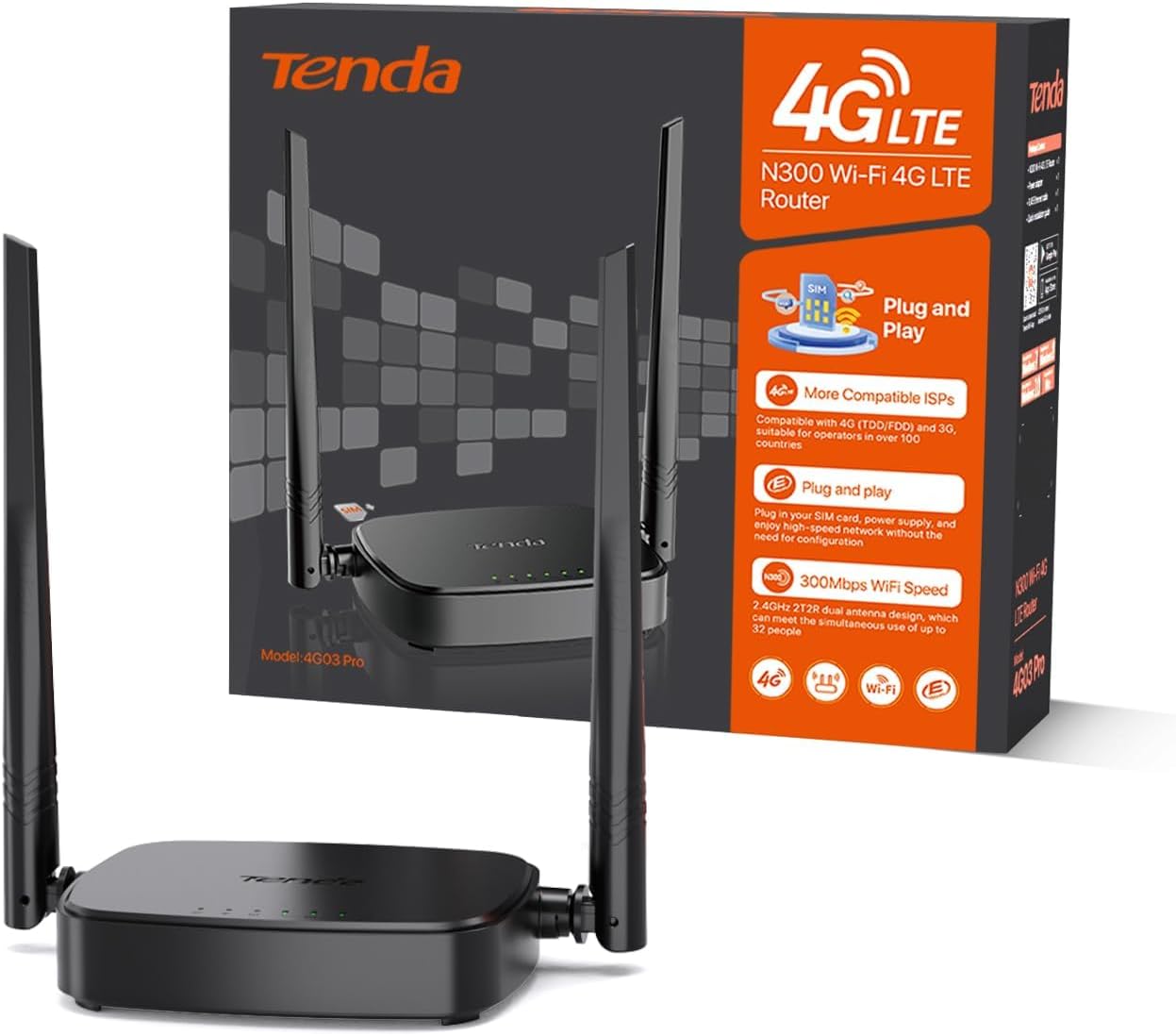 Router 4G SIM 4G03 Pro - Mobile WiFi Router 3G/4G Wireless Band 2.4 GHz 300Mpbs, LTE Cat4 150Mpbs, Fast Ethernet LAN/WAN Port, 2 * 4dBi External Antenna, NANO SIM Card, Plug and Play