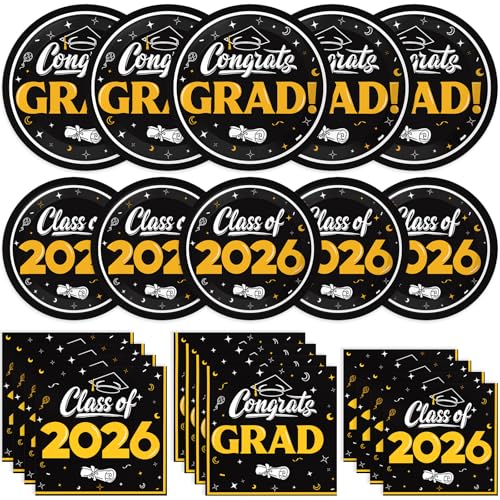 Graduation Decorations 2026, 200 Pcs Class of 2026 Graduation Party Supplies Kit with Paper Plates, Luncheon and Cocktail Napkins, Congrats Grad Decorations for 50 Guests (Black and Gold)