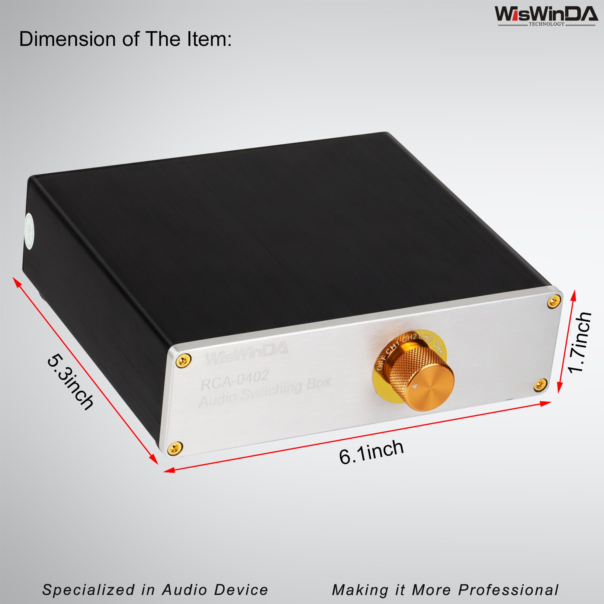 Caja de conmutación de audio Pro RCA de 4 pulgadas, 2 salidas, convertidor de audio, 4 canales, 4 pulgadas, 2 salidas, estéreo HiFi, selector de audio pasivo, caja de conmutación, carcasa de aluminio