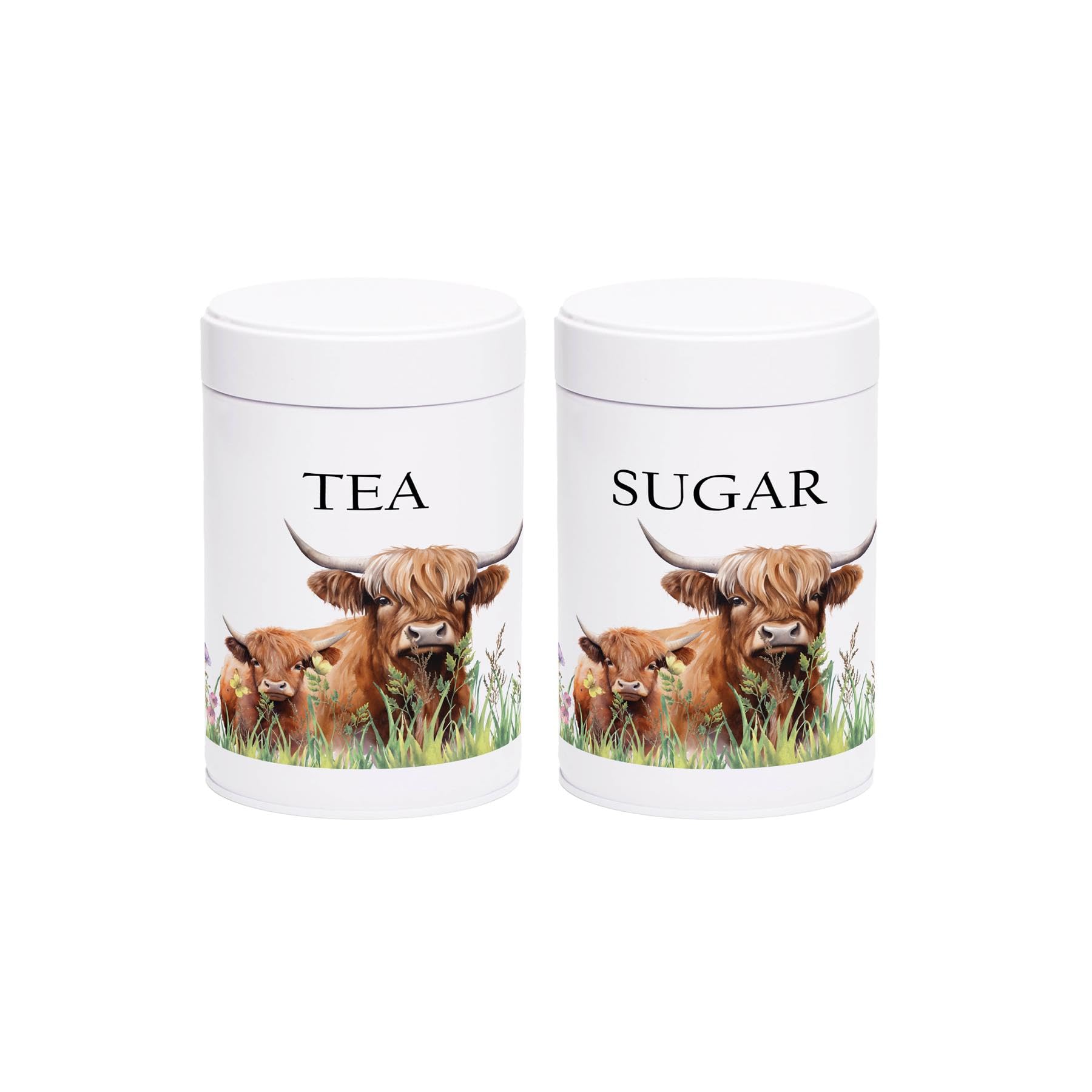 Highland Cow & Calf Tea and Sugar Canister Set - Countryside Farm Animals Home Gifts - White Screw Top Lid Kitchen Storage Containers 750ml Present