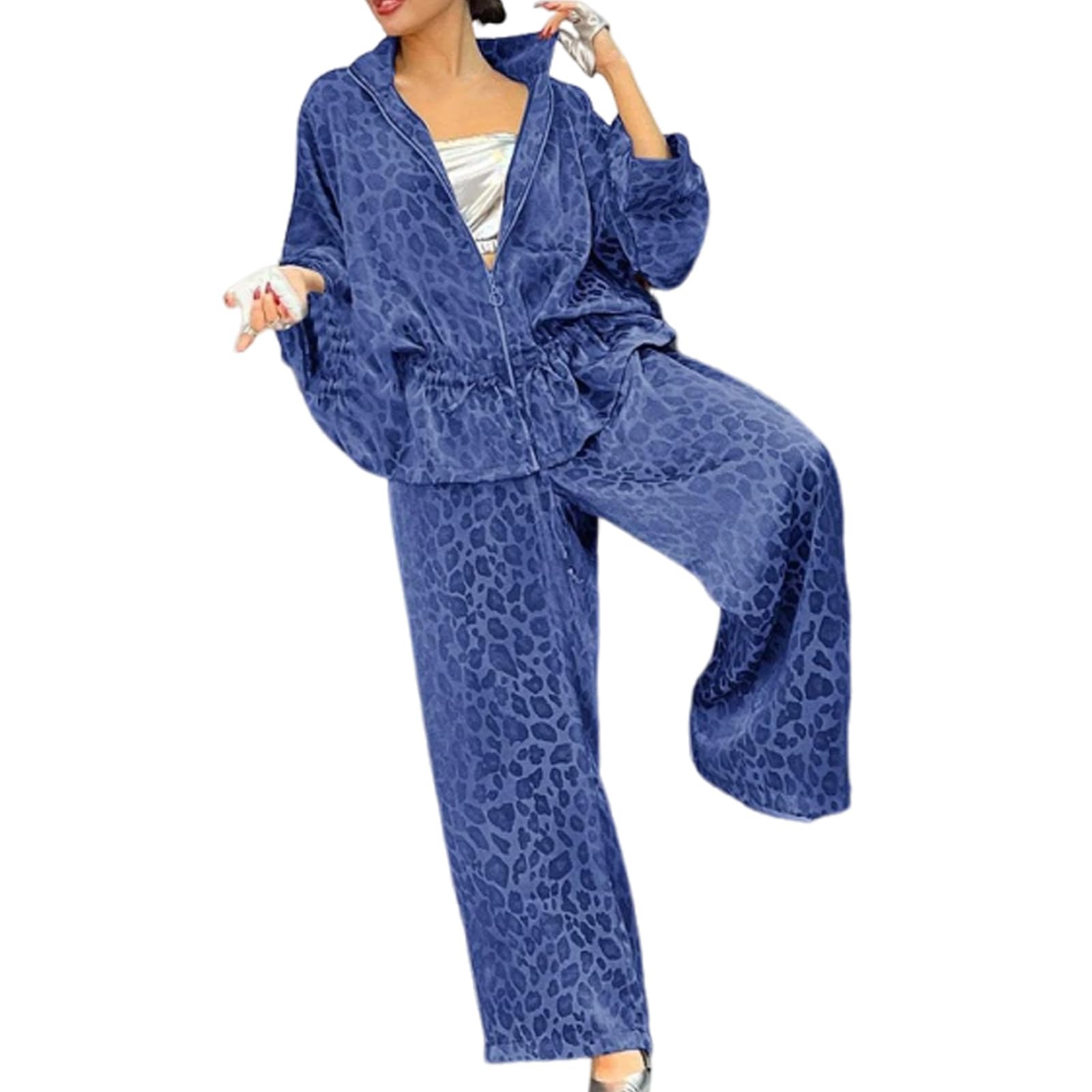 Nbzsmlkn Women's 2-piece Suit with Lapel and Half Sleeves with Leopard Print,Women's Two Piece Leopard Print Long Sleeve Zipper Drawstring Top High Waist Pants