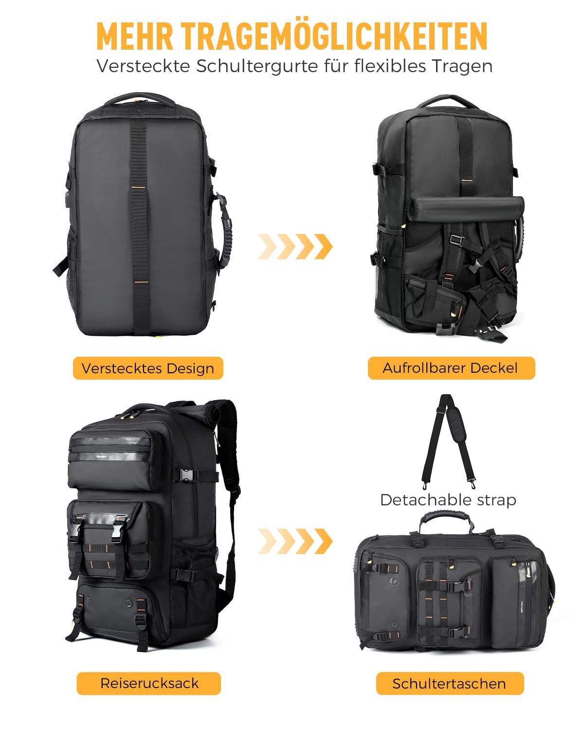 Ponhog Travel Backpack for Men - 50L Convertible Duffle Bag with Shoe Compartment, Carry On Laptop Backpack with USB Charging Port, Hiking Backpack Gym Daypack Water Resistant Rucksack,Black