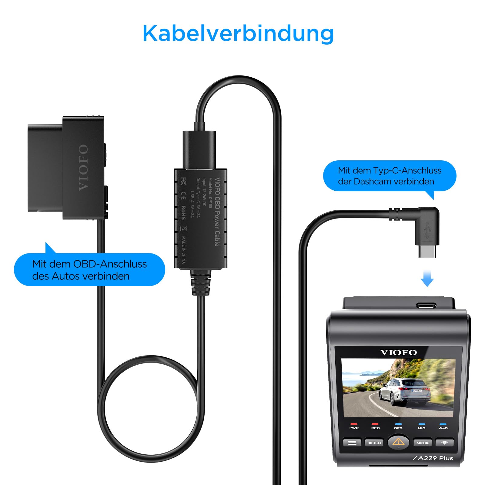 VIOFO OP100 OBD-II Tipo C - Cable de alimentación continua para cámaras de salpicadero de coche, cable OBD con interruptor de tiempo, 24 h de vigilancia de aparcamiento con protección de baja tensión