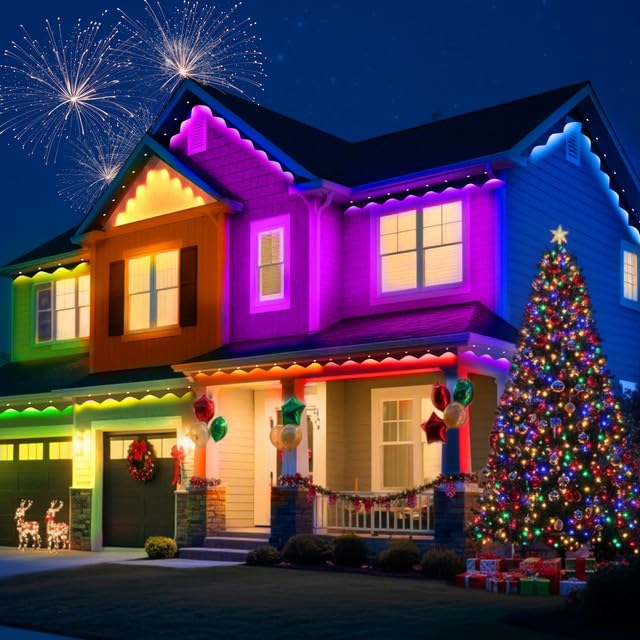 Rosnek Permanente Lichterkette Außen, 30M RGB 60 LEDs mit Alexa & Google, Smarte Weihnachtsbeleuchtung Außen mit WLAN-App funktioniert & Fernbedienung, Deko Weihnachten Draußen mit Wasserdicht & Timer
