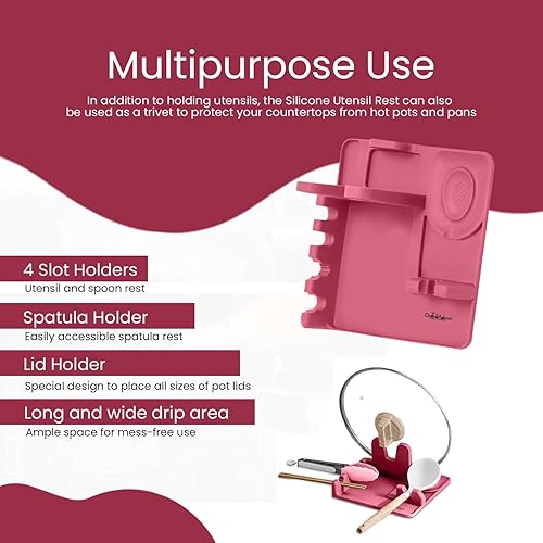 Miniatura 5 de Soporte para utensilios de silicona 3 en 1, organizador de estufa con almohadilla de goteo, resistente al calor, soporte para cucharas con soporte