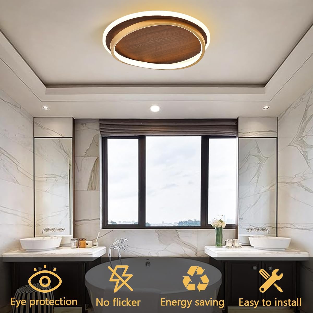 LED Ceiling Lamp Wood Grain Flush Mount Ceiling Light Circle Lighting Lamp with Acrylic Lampshade Modern 18.5 inch Close to Ceiling Lighting Fixtures for Bedroom Living Room Laundry 3000K