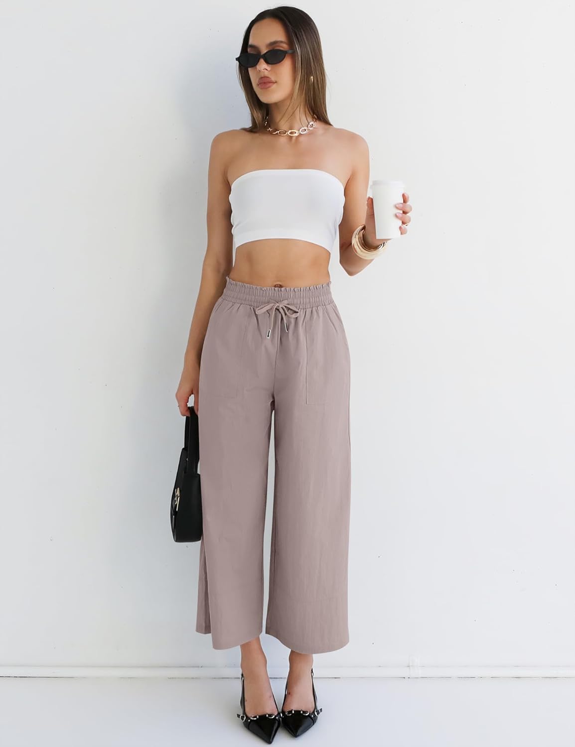 LOMON Women's Wide Leg Pants Dressy Casual Palazzo Pants Flowy Slacks Elastic Waist with Pockets - Image 4