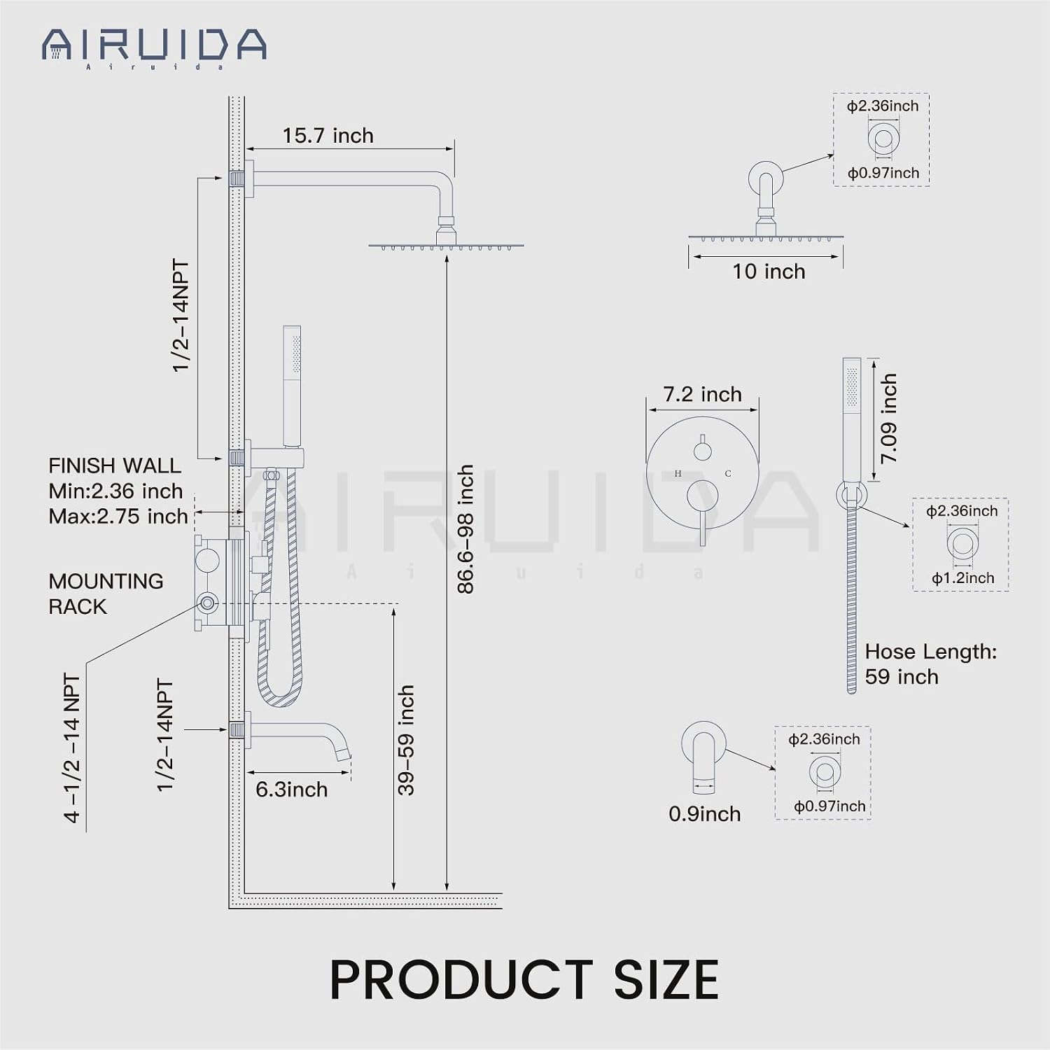 Airuida 3-Function Rain Shower System Set – Wall Mount Tub Shower Combo with Handheld Shower and Tub Spout,10 Inch Shower Head,Brushed Gold