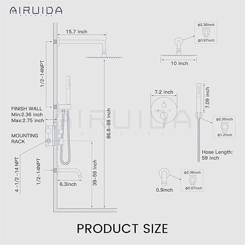 Miniatura 41 de Airuida Juego de sistema de ducha redondo con boquilla de bañera, montaje en pared, juego de grifo de ducha de lluvia de 3 funciones, 2 funciones