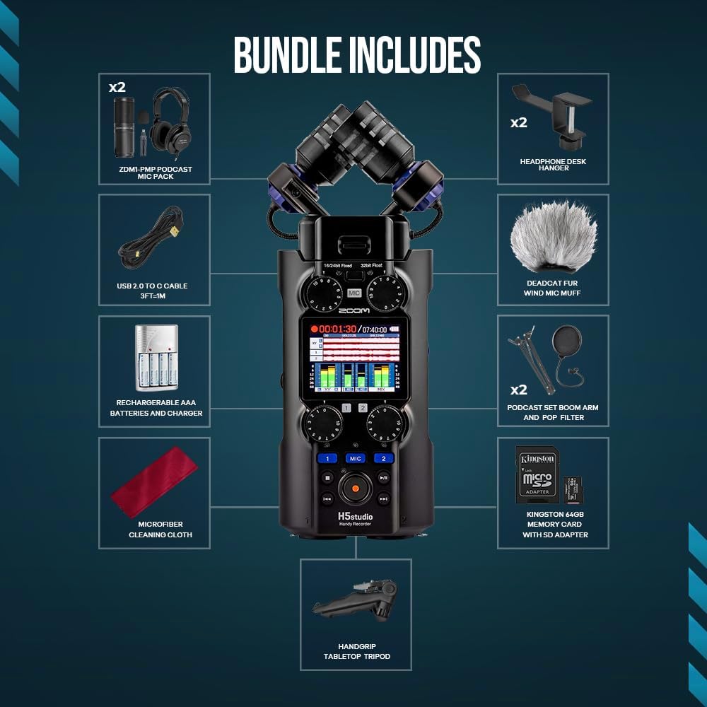 Zoom H5Studio Handy Recorder 32-Bit Float, Large Mics 19.4mm, 6-Track Recording, Gain Knobs, F-Series Preamps w/ 2 Sets of Podcast Mic Pack and Podcasting Set Arm & Mic Clip for Filmmakers Musicians
