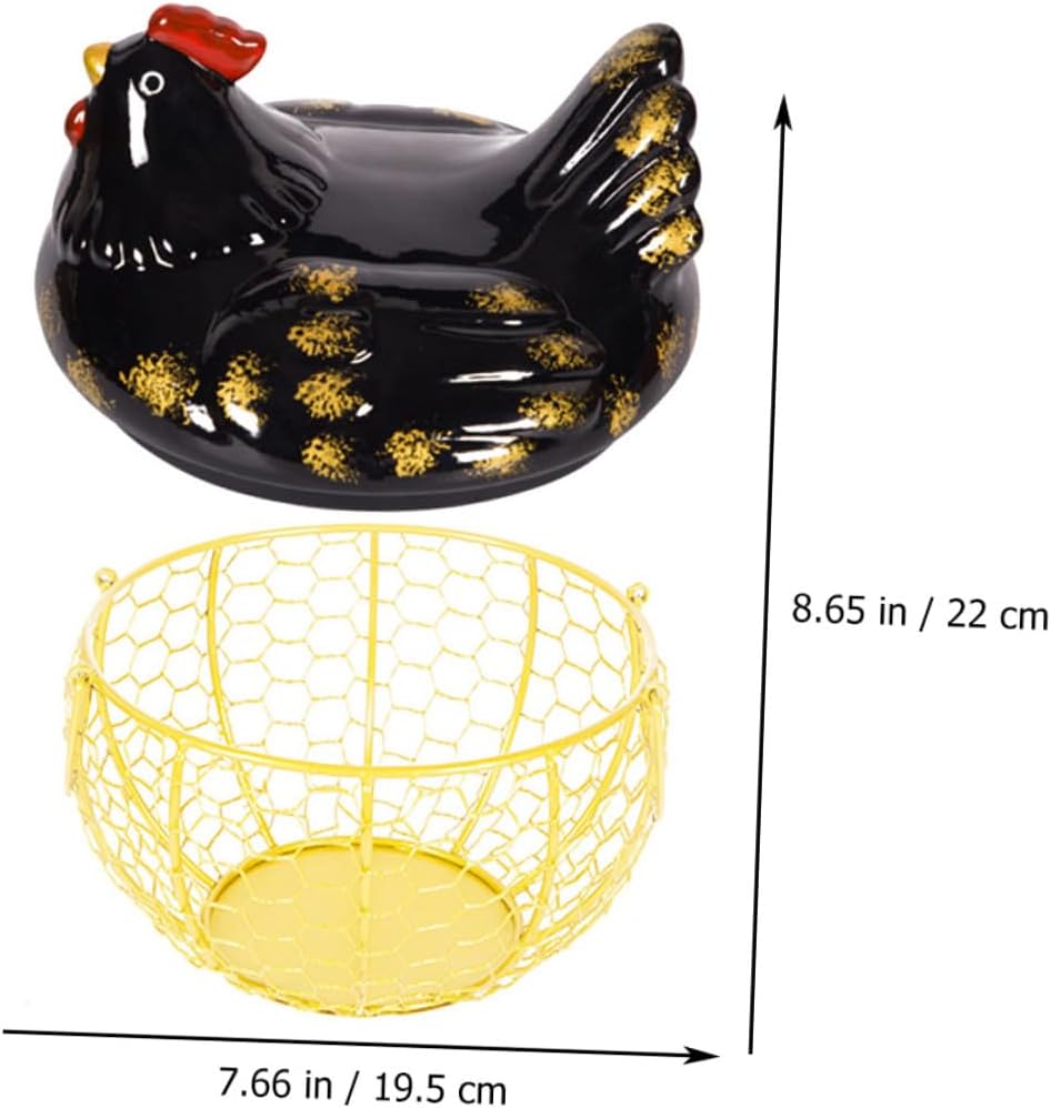 Decorative Metal Egg Basket with Black Chicken Lid and Gold Wire Frame, Kitchen Egg Holder and Food Storage Organizer for Home Countertop and Pantry Use