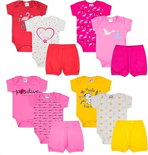 Kit 12 Peças Body Bebê Estampado Manga Curta com Short Roupa Bebe Algodão para Menina (GG)