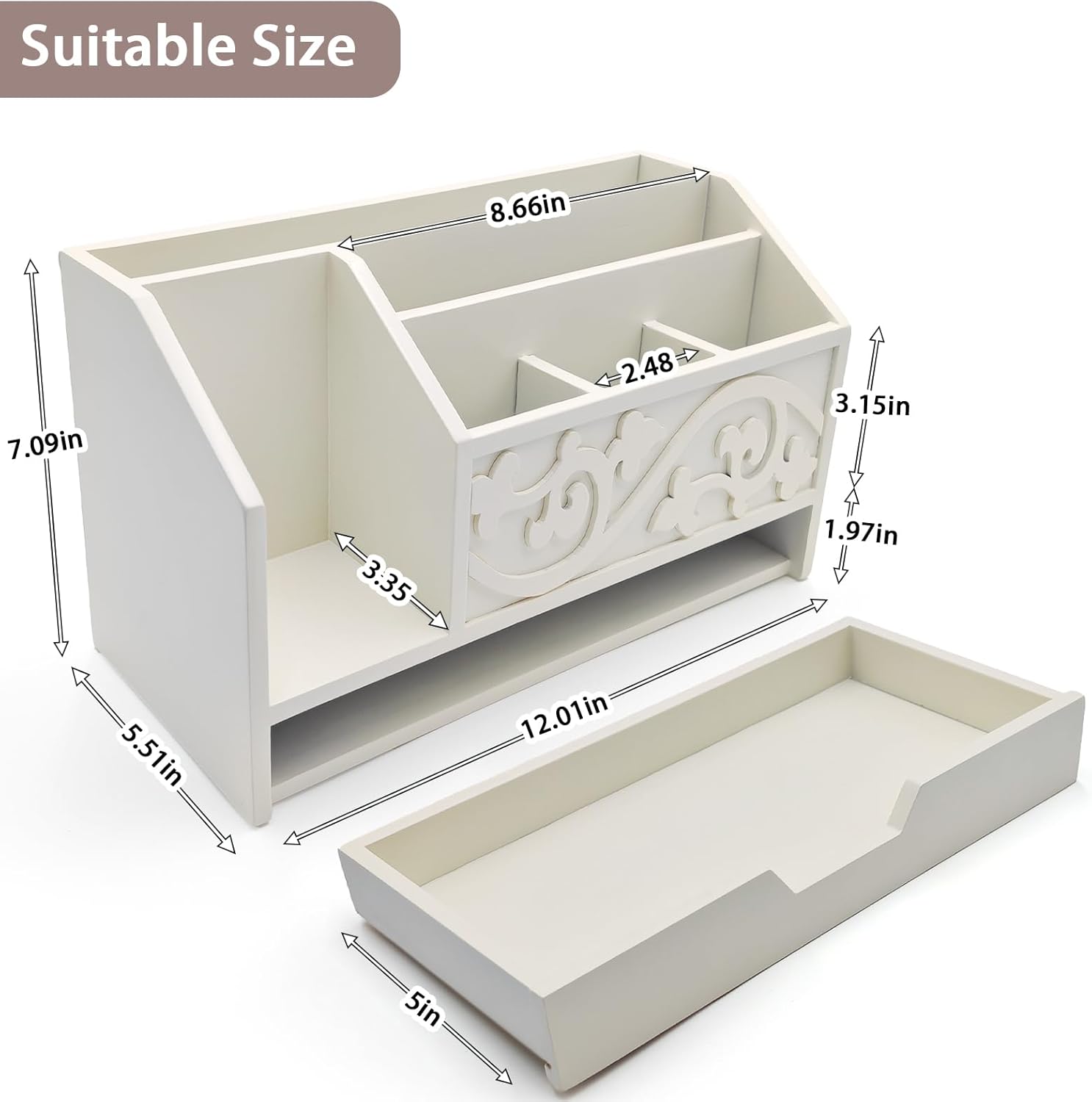 White Wooden Mail Organizer with Drawer, Three Tiered Desk Accessories for Office Organization and Storage, Stylish Countertop Document Storage, Home/Office/Classroom Supplies (White01)