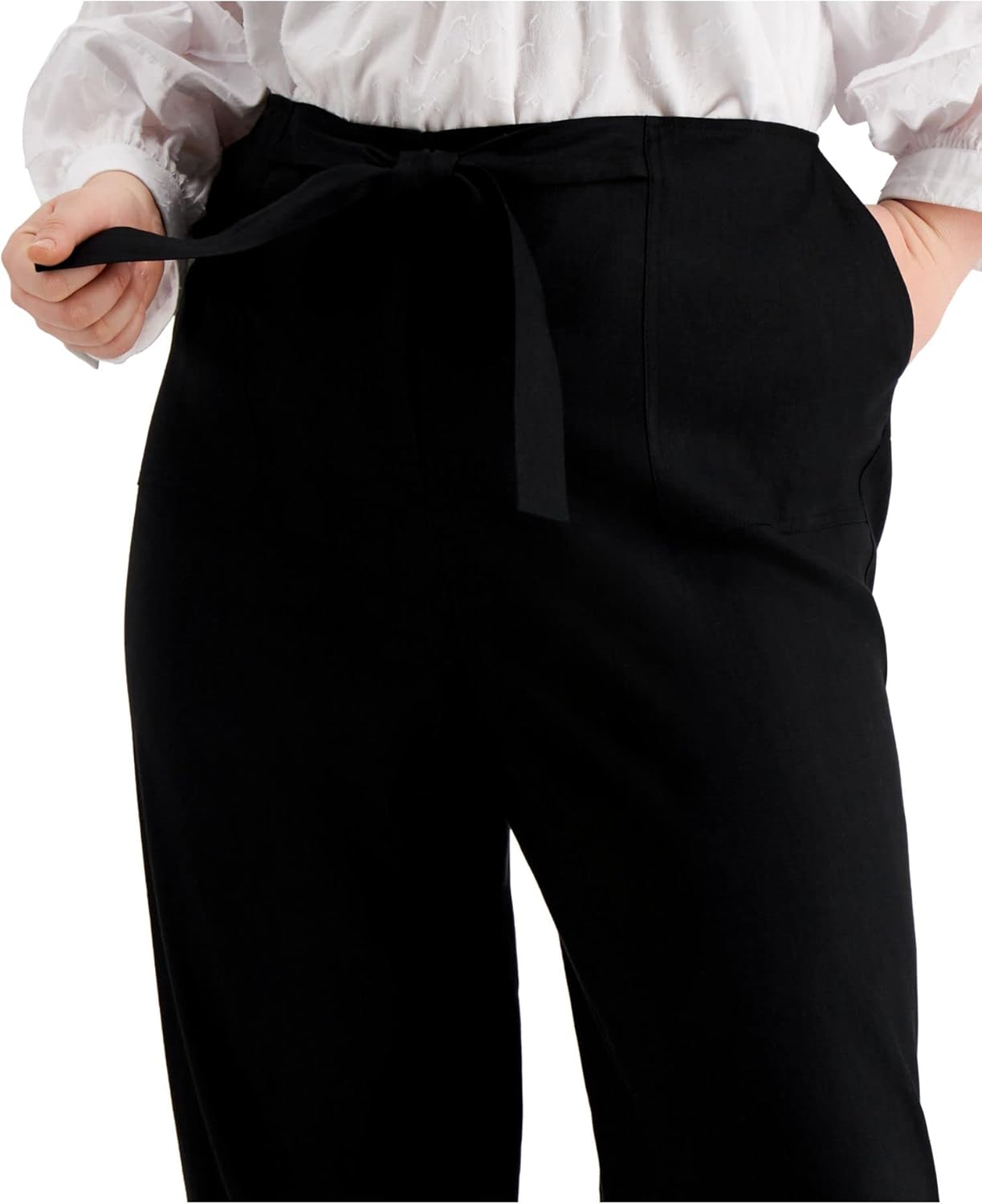 Calvin Klein Womens Plus Tie Waist Linen Blend High-Waist Pants Black 3X