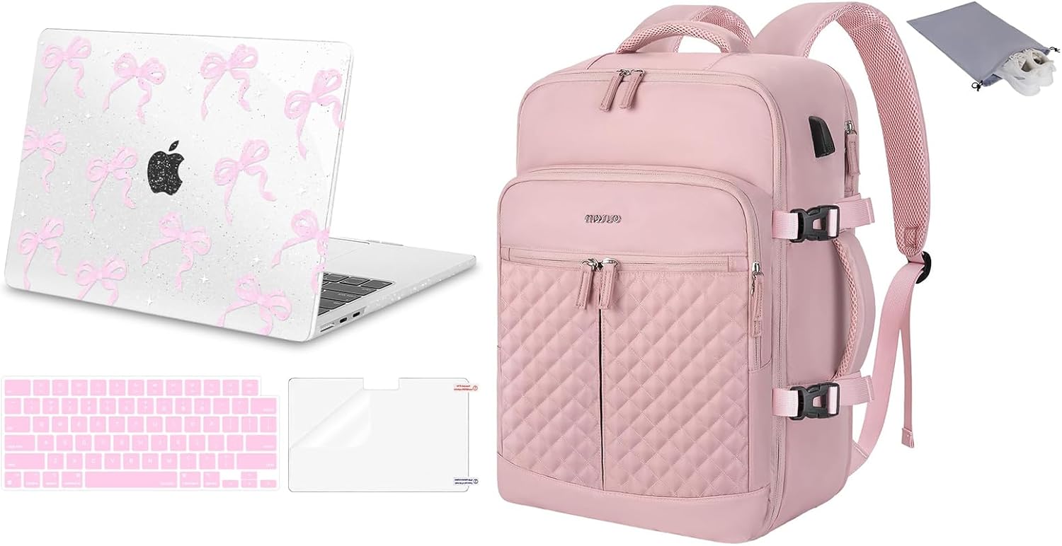 MOSISO 40L Rhombus Quilted Travel Backpack with Drawstring Bag&Compatible with MacBook Air 13 inch Case 2025-2022 M4 A3240 M3 A3113 M2 A2681,Ribbons Bows Sparkly Shell&Keyboard Cover&Screen Film,Pink