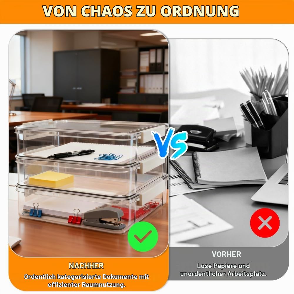 4 Pack Schreibtisch Organizer Dokumentenbox A4 Aufbewahrungsbox mit Deckel 34,5x23,5x6,5cm Tragbares Klick-Design Papieraufbewahrung stapelbare Stiftebox Plastikbox für A4 Papier Organisation