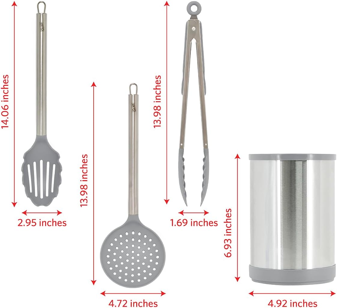 Glad Kitchen Utensils Set, 8pcs - Nonstick Cooking Tools with Stainless Steel Handles & Rotating Utensil Holder - Turners, Ladle, Spoon, Tongs, Spaghetti Server, and Skimmer - Dishwasher Safe, Grey image 5