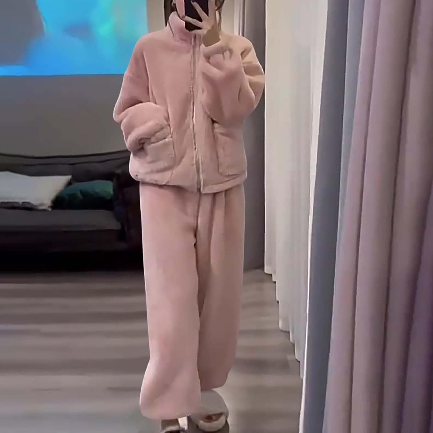 Flannel Pajamas for Women Set Winter Fuzzy Fleece Loungewear 2 Piece Zip Up Jackets Pants Soft Cozy Warm Sleepwear