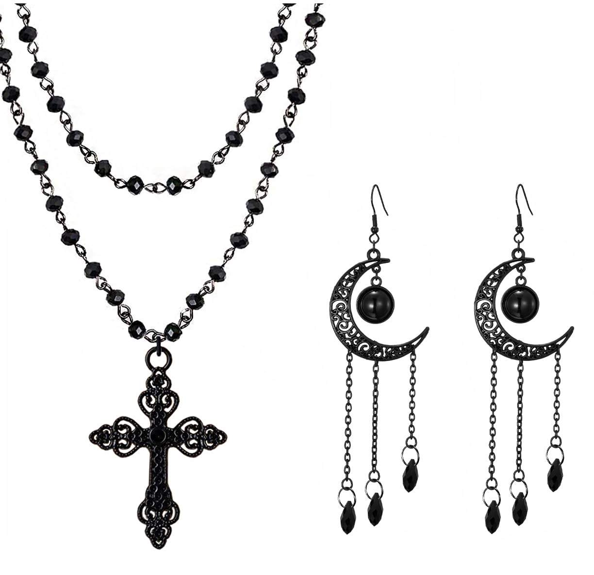 Balirek Gothic Cross Necklace, Earrings, Moon Earrings, Black Cross Pendant Choker, Crystal Chain Halloween Jewelry Set for Woman