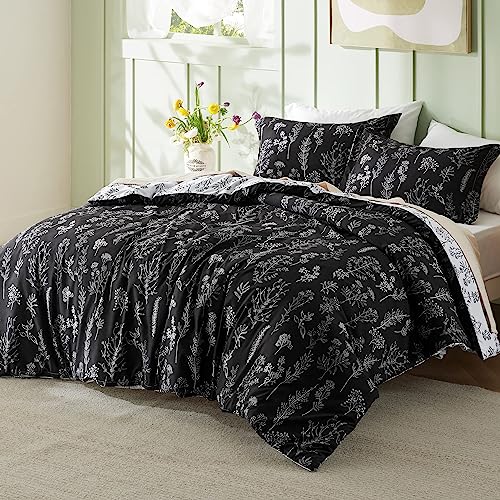 Image of Bedsure Full Comforter Set - Black Bed Set, 3 Pieces Cute Floral Bedding, 1 Soft Reversible Botanical Flowers Comforter and 2 Pillow Shams