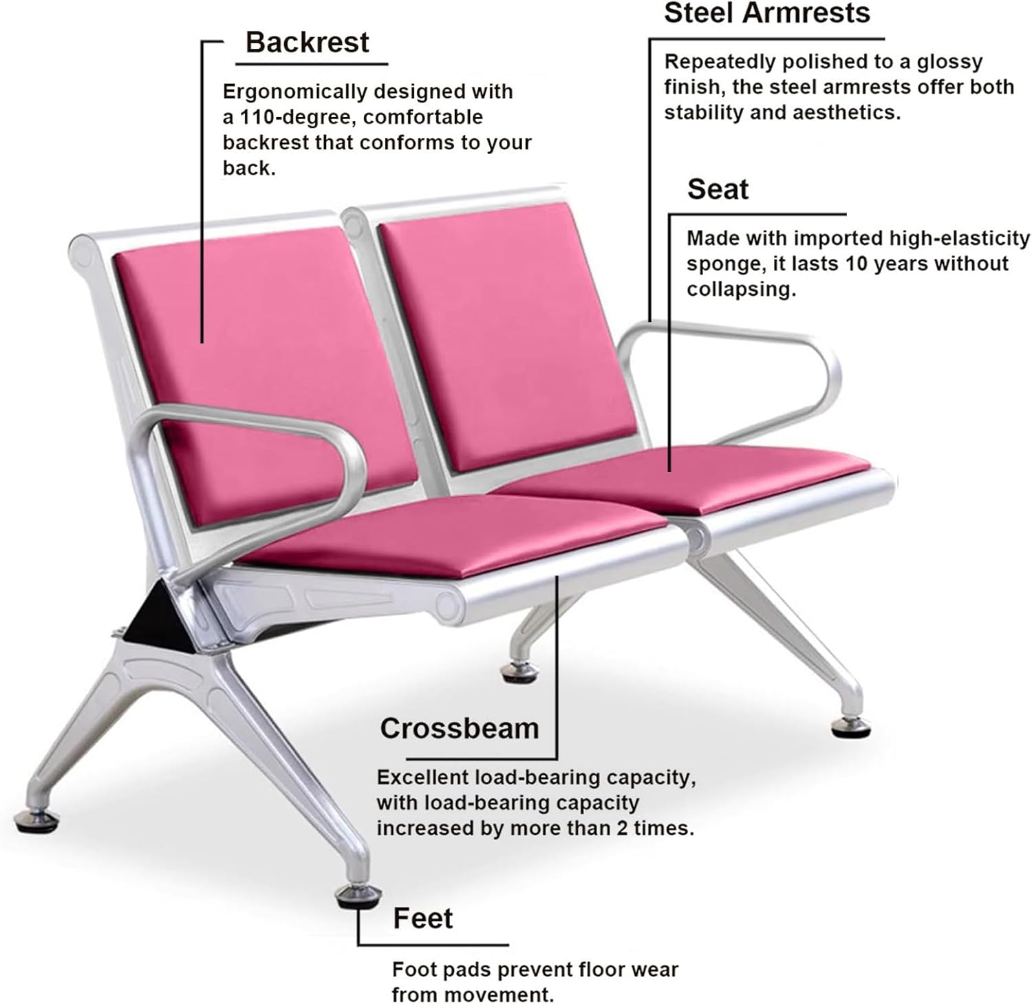 2-Seat PU Waiting Room Chairs, Reception Area Furniture with Arms, Airport Reception Bench, Lobby Bench in Bank Hospital(Purple)