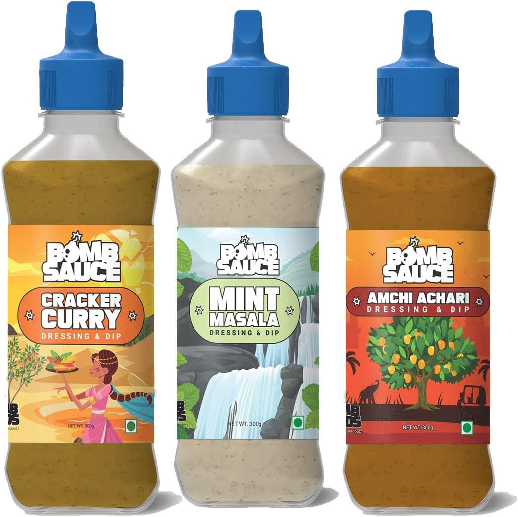 Bomb Foods Cracker Curry & Mint Masala & Amchi Achari Dressing & Dip for Momos, Spring Rolls, Veg or Non Veg Snacks Sandwich Spread, Wraps, Grills, and Salads etc | 310g each | Combo Pack of 3