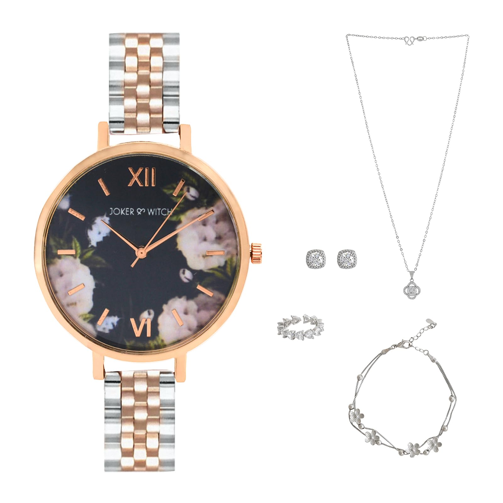 Joker & Witch Stainless Steel Rue Blush Love Stack Women Analogue Watch Gift Sets, Black Dial, Rose Gold Band (B0CC51LS1Z) Amazon Price History, Amazon Price Tracker