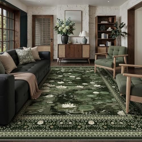Washable 6x9 Area Rug for Living Room Green Floral Indoor Large Carpet Non Slip Low Pile Vintage Impressionist Rugs for Bedroom Dining Room Nursery Pl