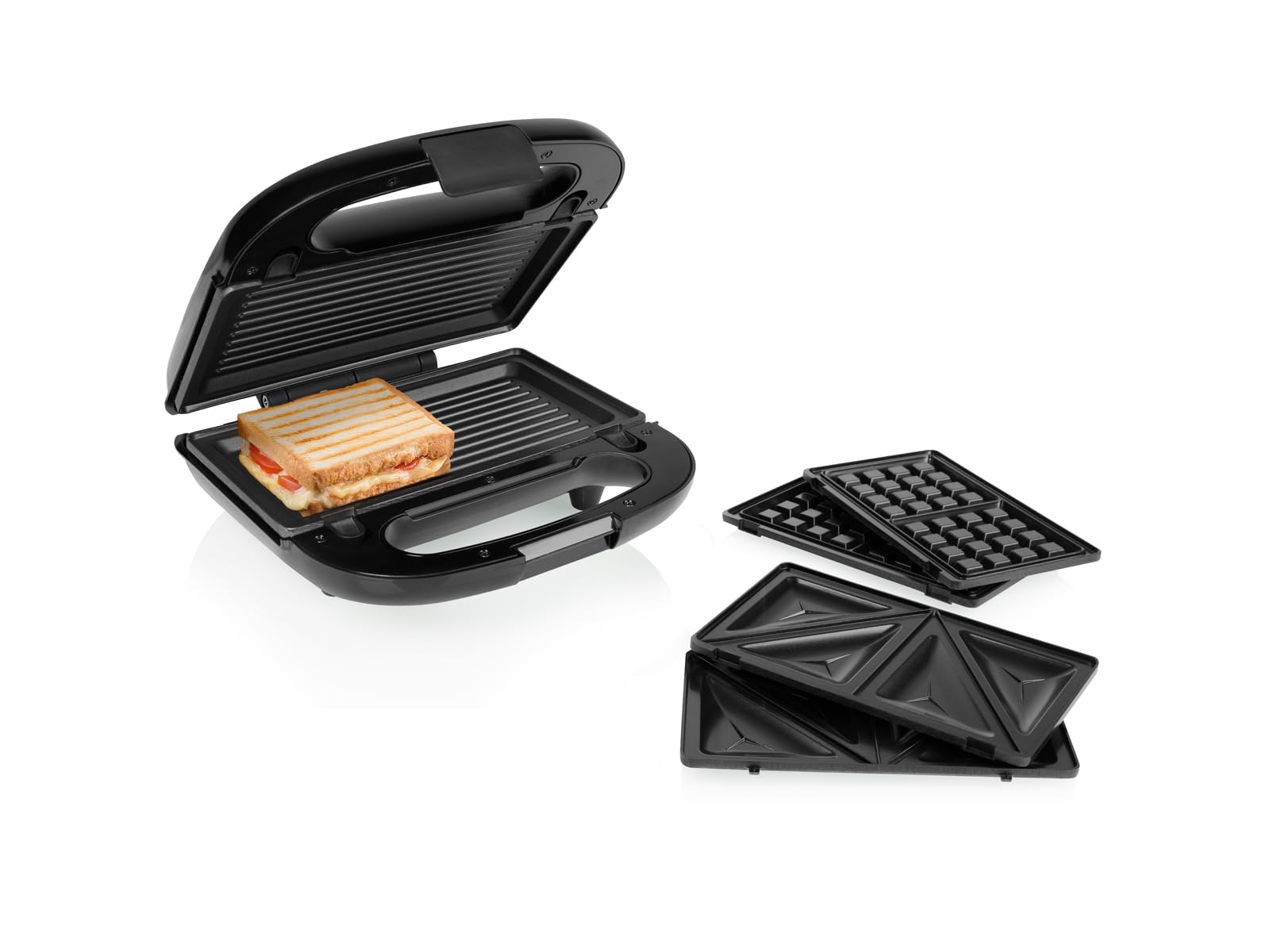 Tristar 3-in-1 Sandwichmaker, 750 W, 22,4 x 12,5 cm, 3 Wechselplatten | Antihaftbeschichtung, Wärmeisolierter Griff, Sicherheitsverschluss, Kabelaufwicklung, Edelstahl-Deckel, SA-3071
