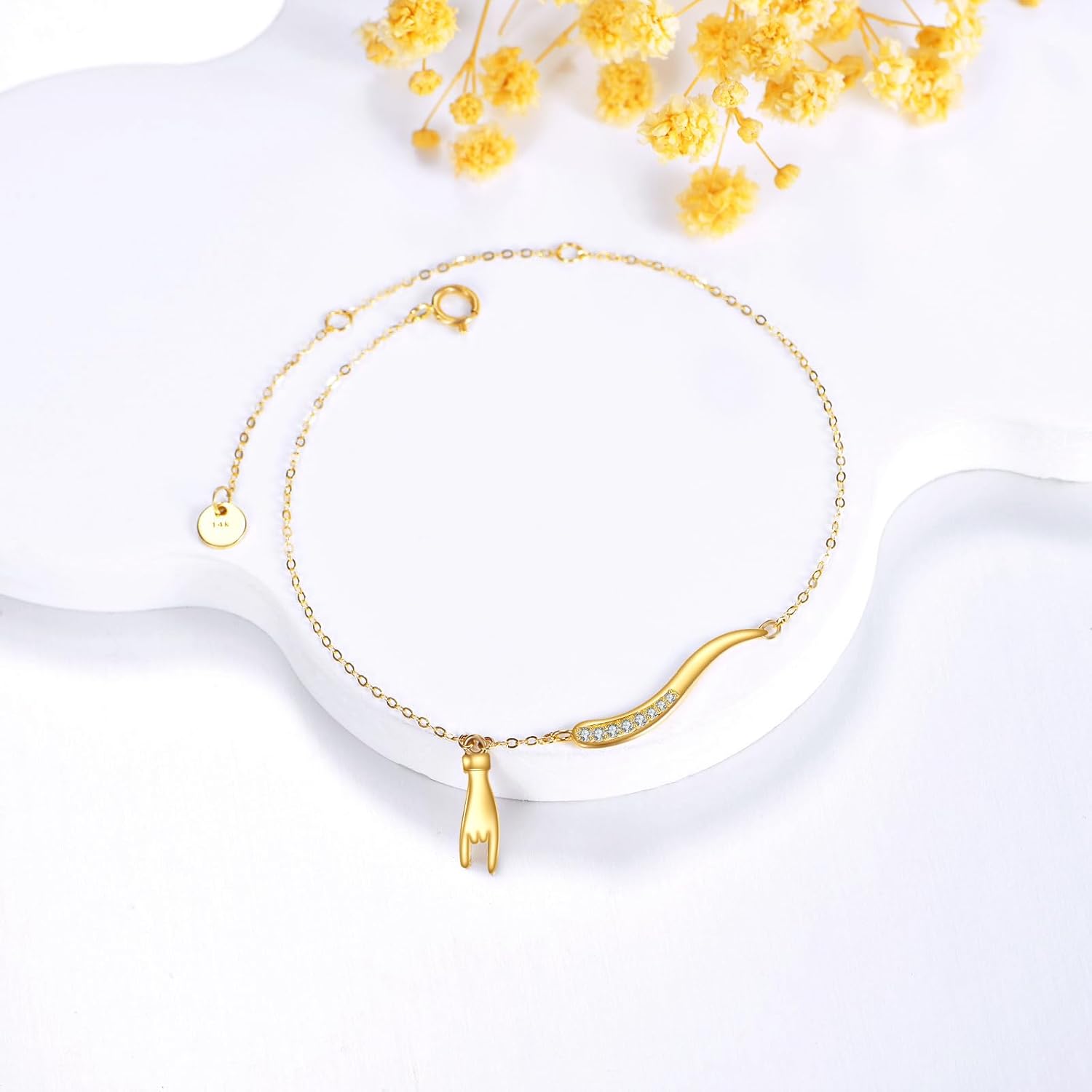 DOVRAN 14K Real Gold Italian Horn Bracelet for Women Solid Yellow Gold Cornicello and Mano Cornuto Bracelet Luck Protection Jewelry Gifts for Wife Mom