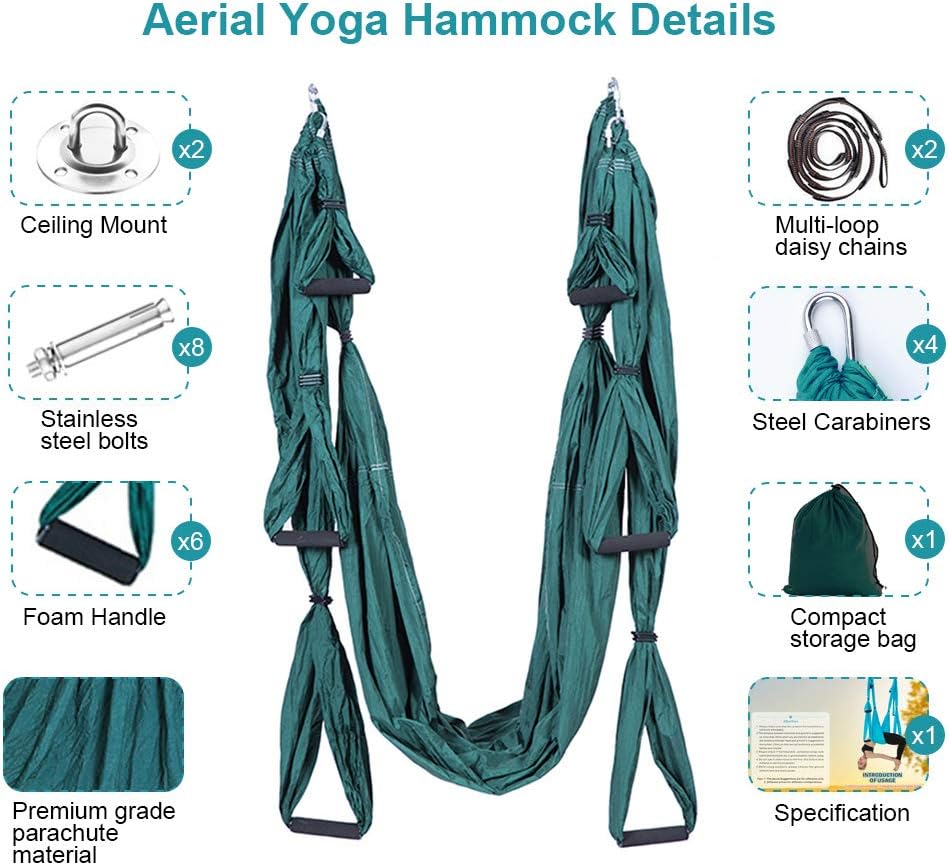 ele ELEOPTION Strong Antigravity Yoga Hammock Sling Inversion Tool for Air Inversion Exercises Yoga Swing Set Trapeze Sling Hammock Yoga Gifts for Women Adult Kids Green