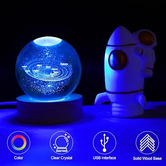 HOTUT 3D Solar System Crystal Ball, 3D Planets Crystal Ball with Wooden Base, Space Galaxy, 3D LED Night Light Tabletop for Birthday Gift Anniversary Home Decor [Energy Class A]
