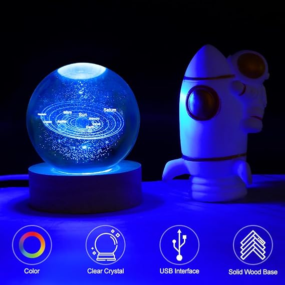 HOTUT 3D Solar System Crystal Ball, 3D Planets Crystal Ball with Wooden Base, Space Galaxy, 3D LED Night Light Tabletop for Birthday Gift Anniversary Home Decor [Energy Class A]