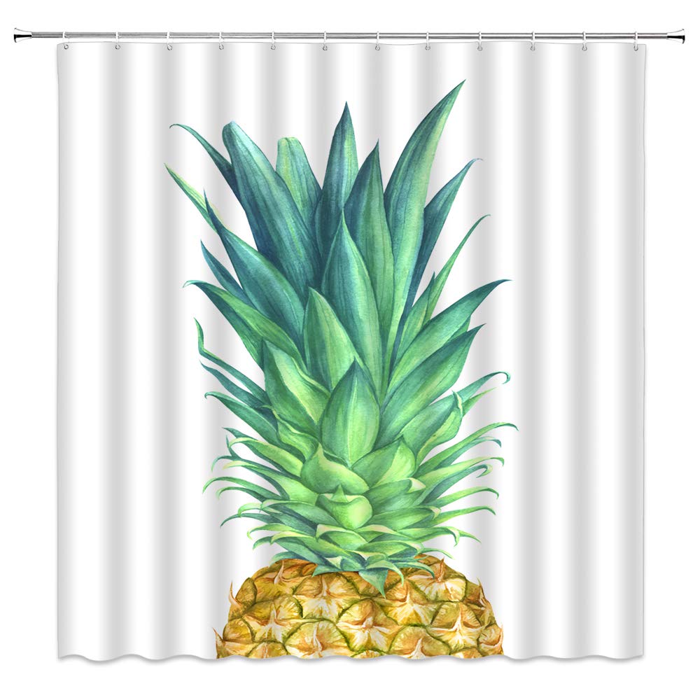 BST Watercolor Pineapple Shower Curtain Yellow Pineapple Tropical Exotic Fruit Leaf Creative Green Yellow White Bathroom Curtains Decor Polyester Fabric Quick Drying 70x70 Inches Include Hooks