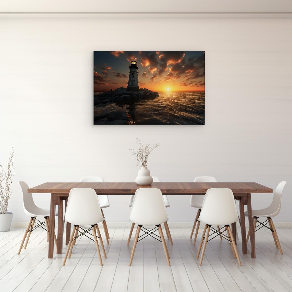 Canvas for Living room. Guiding Beacon Amidst Chaos � The Lighthouse's Vigil Over a Turbulent Sea, 27 x 18 inch Canvas Wall Art - Wall Art Digital Painting - Modern Home Decor