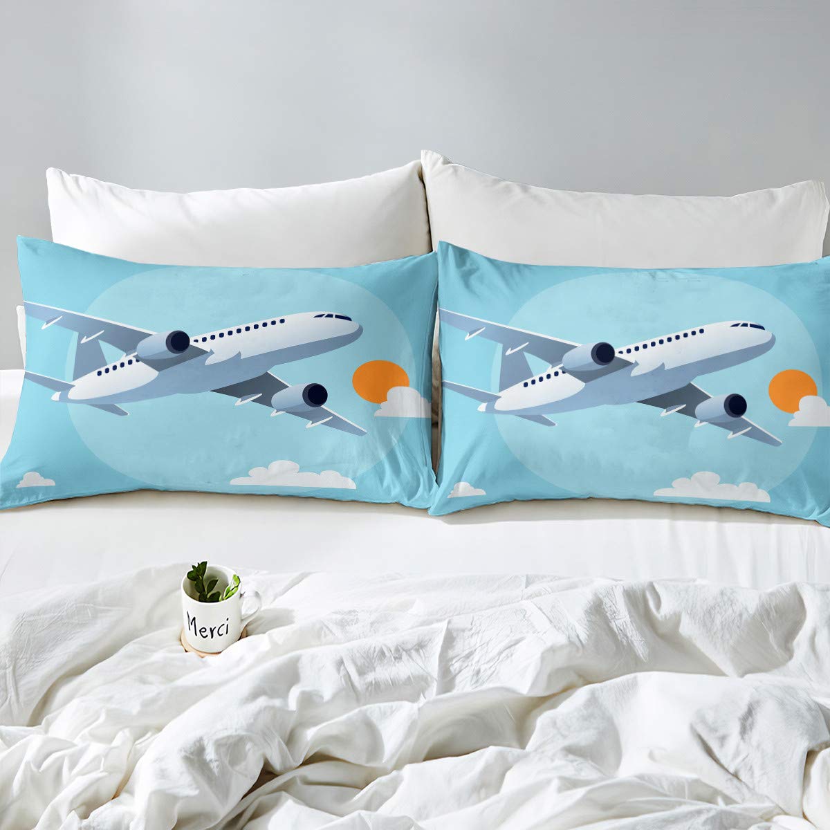 Set di biancheria da letto con stampa aereo per ragazze e ragazzi e bambini aerei volanti per aereo aereo volante, copripiumino per camera da letto, decorazione da viaggio, colore: azzurro cielo