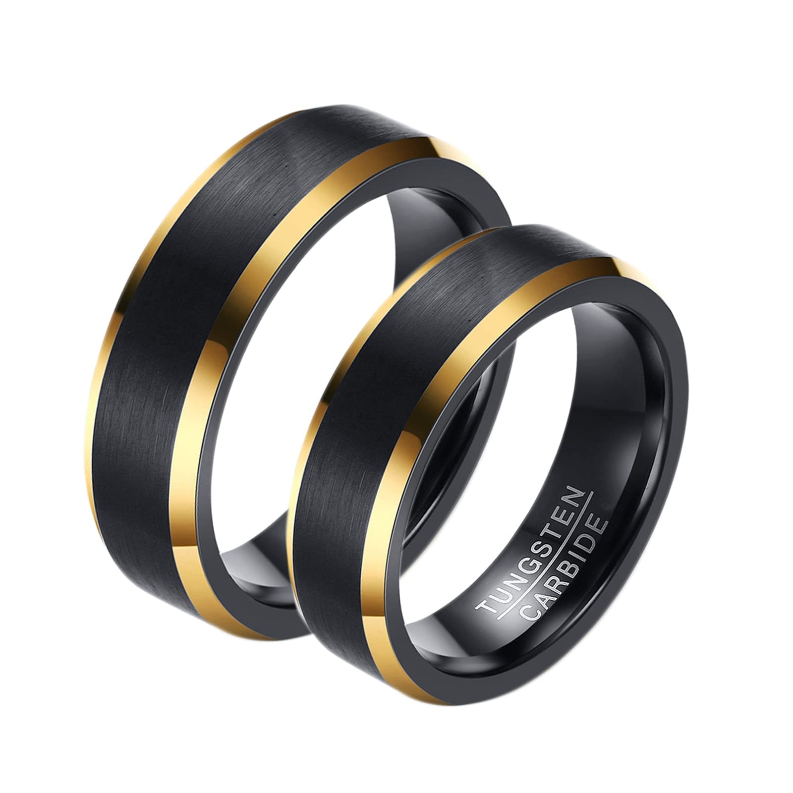 Set di Anelli per Coppie Personalizzati con Incisione, FEDI Nuziali in tungsteno per Lui e per lei, Dimensioni da L 1/2 a Z 1/2, Anello Nero Spazzolato da 6 mm con Bordo Dorato