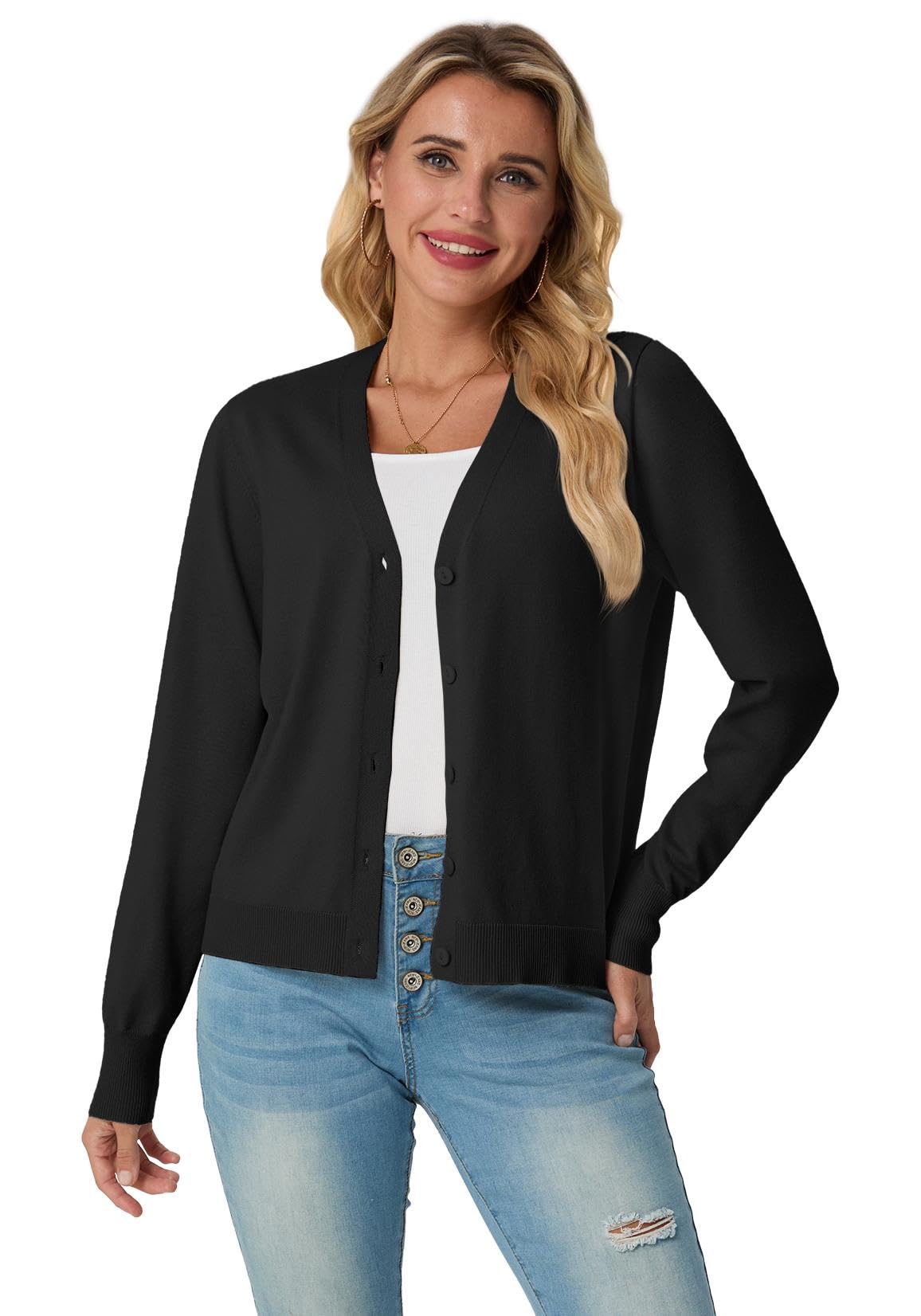GRECERELLE Damen Leichte Strickjacke mit V-Ausschnitt und Knöpfen Cardigan Damen Lässig Eleganter Sommer Frühling Herbst Weiche Jacke über Top Kleid