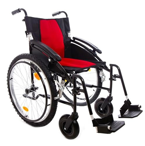 Lightweight All-Terrain Manual Wheelchair, Self-Propelled Aluminium Frame with Quick Release Wheels, 20-Inch Seat, Foldable Design, Black with Blue/Red Cushion (Red, 18 Seat Width)