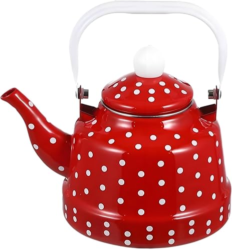 Estufa de té esmaltada vintage de 1.8 cuartos de galón, tetera esmaltada con manchas rojas y blancas, café de agua con asa, hervidor de agua