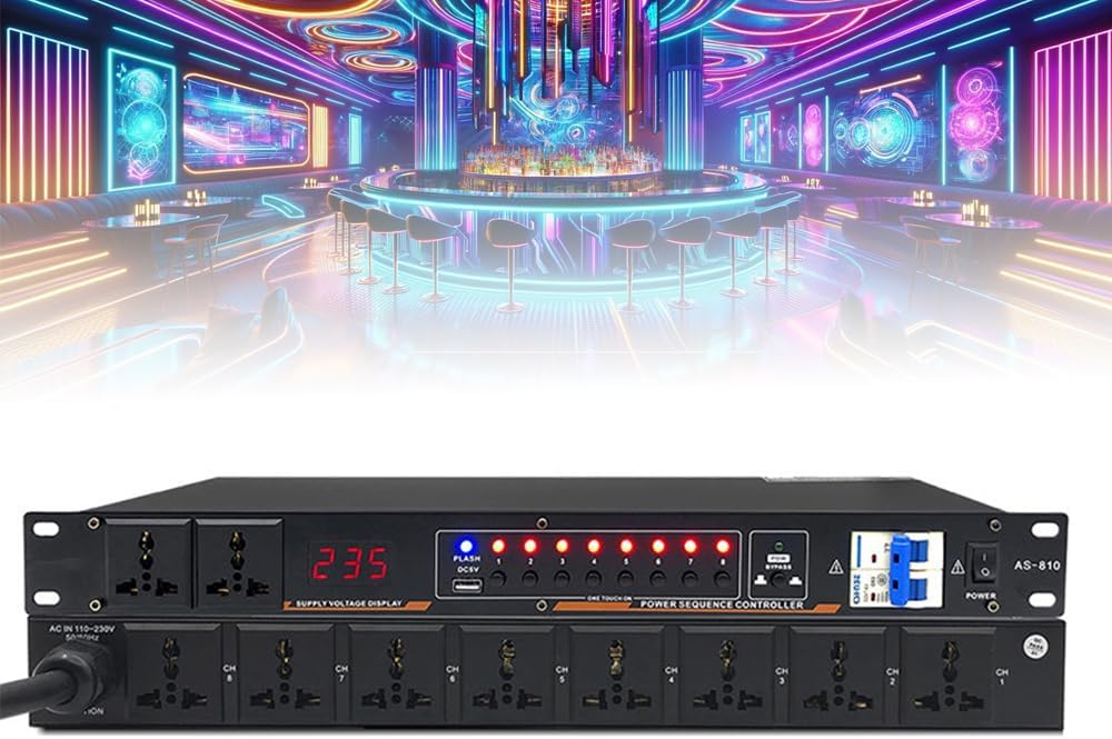 8-Way Power Sequence Controller with LED Display, Forward and Reverse Time Switch, USB Interface for DJ Equipment and Audio Recording Systems