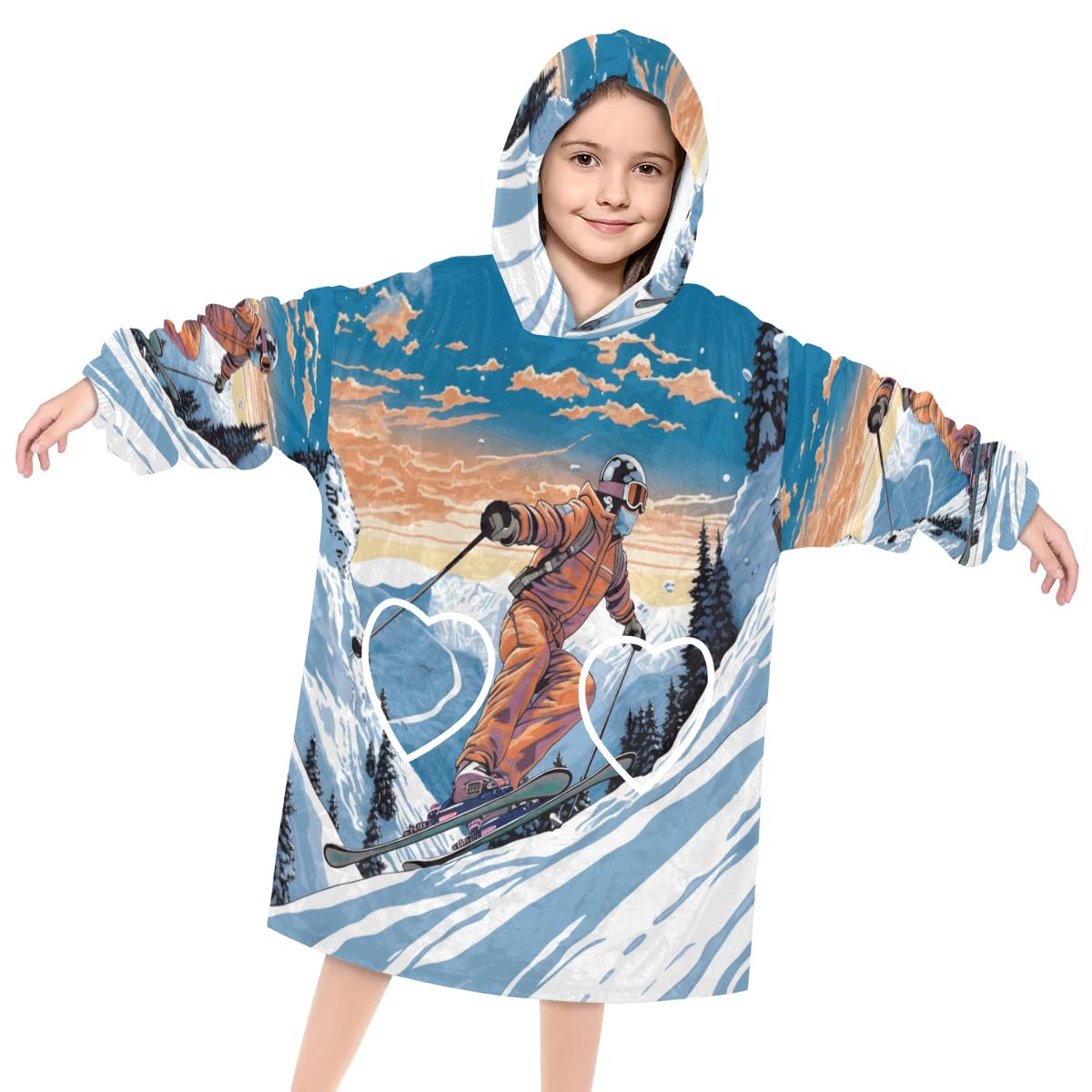 Kids Blanket Hoodie Winter Ski Wearable Blanket Hoodie Oversized Hooded Blanket, Sweatshirt Blanket with Pockets Soft Warm Kids Hooded Blanket for Girls, Boys