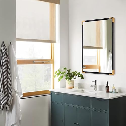 Miniatura 7 de ANDY STAR Espejo de baño negro de madera de pino fuerte de 24 x 32 pulgadas para pared, espejo de pared rectangular con esquina de metal dorado,